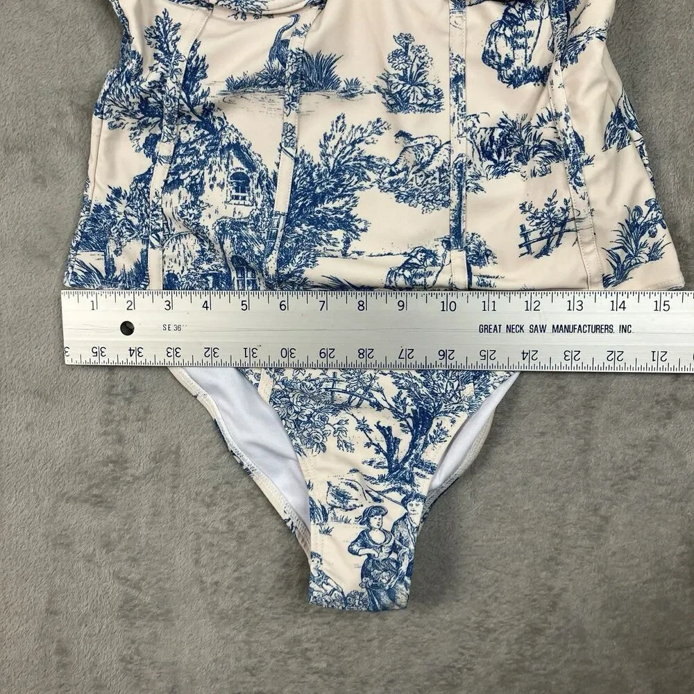 Toile de Jouy Corset One Piece Underwire Swimsuit Cider Womens M Blue Ivory